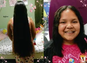 Before and after images of a girls having her long black hair cut in a Salon. This is a hair donation for Wigs For Kids. She showing a new cut in a after image.