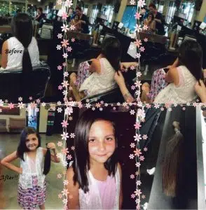 Before and after images of a girls having her long black hair tied into ponytail and cut in a salon. This is a hair donation for Wigs For Kids. • She is proudly holding the cut ponytails in a after image.