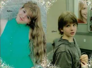 Before and after images of a girls having her long blond hair and cut in a salon. This is a hair donation for Wigs For Kids. She is showing her cut in a second image.