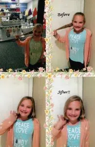 Before and after images of a girls having her long blond hair tied into ponytails and cut in a salon. This is a hair donation for Wigs For Kids. She is proudly showing her cut in a after image.