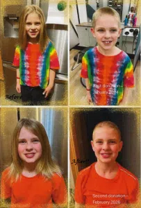 Before and after images of a boy .This is a hair donation for Wigs For Kids. He is proudly showing his cut in a after image.