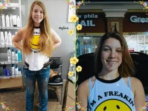 Before and after images of a girl having her long blond hair cut in a salon. She shows her cut in a second image.