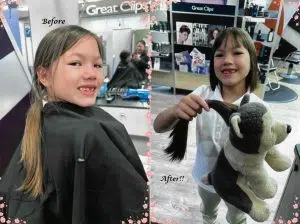 Before and after images of a girl having her long Brown hair tied into a Ponytail and cut in a salon. This is a hair donation for Wigs For Kids. She is proudly holding the cut ponytails in a second image.