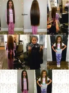 Before and after images of a girls having her long brown hair tied into PONYTAILS and cut in a salon. This is a hair donation for Wigs For Kids. • She is proudly holding the cut ponytails in a fifth image.