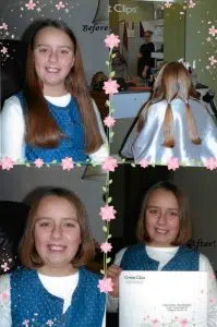 Before and after images of a girls having her long brown hair tied into ponytails and cut in a salon. This is a hair donation for Wigs For Kids. She showings the ponytails in a second image. • She is holding an envelope of her cut hair in the last image.