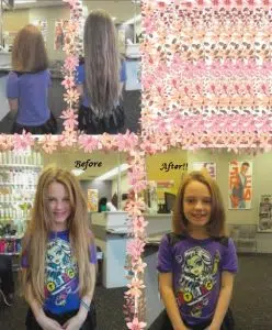 Before and after images of a girls having her long blond hair and cut in a salon. This is a hair donation for Wigs For Kids. She is proudly showing her cut in a after image.