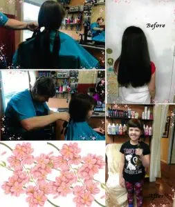 Before and after images of a girls having her long black hair tied into ponytails. This is a hair donation for Wigs For Kids. She is proudly holding the cut ponytail in a After image.