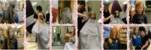 Before and after images of a girls having her long blond hair tied into ponytails and cut in a salon. This is a hair donation for Wigs For Kids. She shows her cut in a after image.
