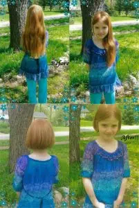 Before and after images of a girls having her long red hair. This is a hair donation for Wigs For Kids. Is proudly shows the cut in a after image.