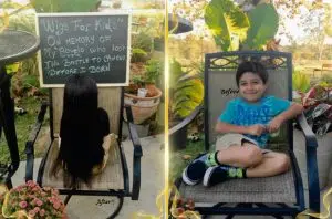 Before and after images of a boy having her long black hair. This is a hair donation for Wigs For Kids. • He is showing happy his cut in a second image.