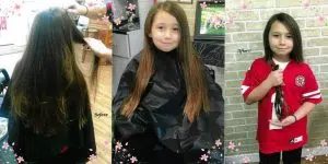 Before and after images of a girls having her long brown hair tied into braids and cut in a salon. This is a hair donation for Wigs For Kids. She is proudly holding the cut braids in a second image.