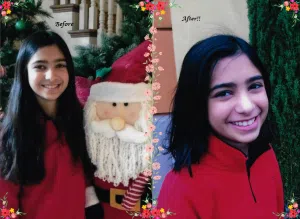 Before and after images of a girls having her long black hair. This is a hair donation for Wigs For Kids. She is showing her cut in a second image.