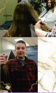 Before and after images of a Boy having her long brown hair and cut in a salon. This is a hair donation for Wigs For Kids. He is proudly holding the cut ponytails in a after image.