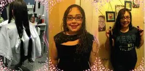 Before and after images of a girls having her long black hair tied into ponytails and cut in a salon. This is a hair donation for Wigs For Kids. She is proudly holding the cut ponytails in a third image.