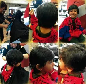 Before and after images of a boy having her long black hair and cut in a salon. This is a hair donation for Wigs For Kids. He is showing proudly his cut in a third image.