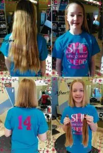Before and after images of a girls having her long blond hair. This is a hair donation for Wigs For Kids. • She is proudly holding the cut ponytails in a After image.