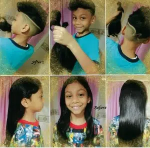 Before and after images of a boy having her long black hair tied into ponytails. This is a hair donation for Wigs For Kids. He is proudly holding the cut ponytails in a second image.