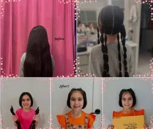 Before and after images of a girl having her long black hair cut in a salon. She is holding her ponytails in the after image.