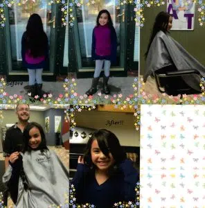 Before and after images of a girls having her long black hair tied into braids and cut in a salon. This is a hair donation for Wigs For Kids. She is proudly holding the cut ponytails in a four image.