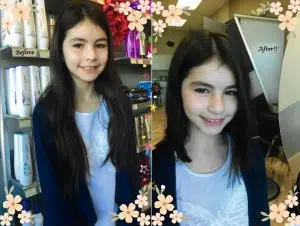 Before and after images of a girls having her long black hair and cut in a salon. This is a hair donation for Wigs For Kids. Is showing the cut in a second image.