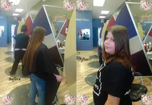 Before and after images of a girls having her long brown hair and cut in a salon. This is a hair donation for Wigs For Kids. She is showing the cut in a second image.
