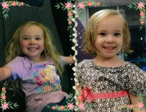 Before and after images of a girls having her long blond hair. This is a hair donation for Wigs For Kids. She proudly shows the cut in a second image.