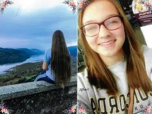 Before and after images of a girls having her long gold, hair and cut in a salon. This is a hair donation for Wigs For Kids. She is showing her the cut in a second image.