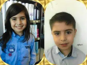 Before and after images of a boy having her long black hair and cut in a salon. This is a hair donation for Wigs For Kids. Is showing his cut in a after image.
