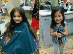 Before and after images of a girls having her long black hair. This is a hair donation for Wigs For Kids. She is proudly holding the cut braids in a second image.