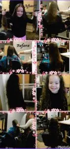Before and after images of a girls having her long brown hair tied into ponytails and cut in a salon. This is a hair donation for Wigs For Kids. She is proudly holding the cut ponytails in a first image.
