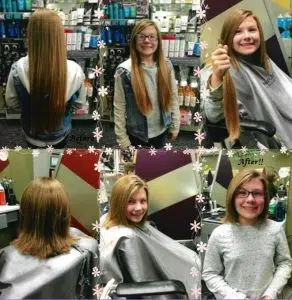 Before and after images of a girls having her long blond hair and cut in a salon. This is a hair donation for Wigs For Kids. She is proudly holding the cut ponytails in a third image.