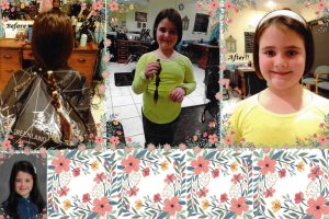 Before and after images of a girls having her long Brown hair tied into braid. This is a hair donation for Wigs For Kids. • She is proudly holding the cut braid in a second image.