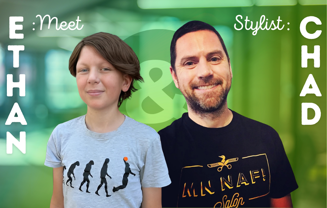 Graphic introducing Ethan and stylist Chad with bold text and green background, featuring casual t-shirts and salon branding.