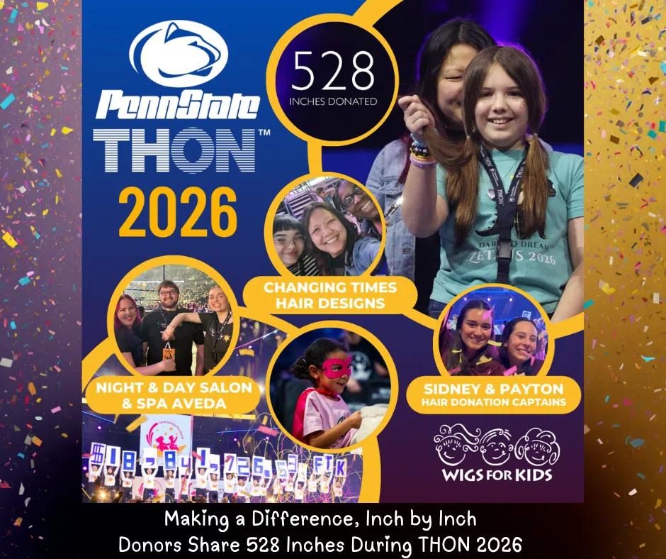 A colorful promotional graphic for Penn State THON 2026 featuring the THON logo, the text ‘528 inches donated,’ and several circular photos showing participants holding or donating hair. The graphic highlights contributors such as Changing Times Hair Designs, Night & Day Salon & Spa Aveda, and Sidney & Payton Hair Donation Captains. At the bottom, a stage scene from THON is displayed alongside the Wigs for Kids logo. Confetti and bright colors decorate the background, and the caption reads: ‘Making a Difference, Inch by Inch — Donors Share 528 Inches During THON 2026.'
