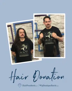 Before and after images of an man having his long black hair cut. In the after image, he is holding the cut ponytails in each of his hands.