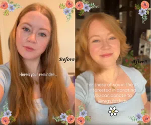 Before and after images of a woman having her hair cut in a salon. Before is captioned "Here's your reminder..." and after is captioned "For those of you in the US interested in donating you can donate to @wigs.for.kids".