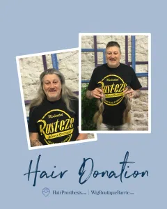 Before and after images of a man having his hair cut, with him holding his ponytails in the second image.