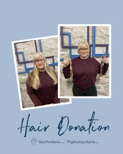 Before and after images of a woman having her hair cut, with her holding her ponytails in the second image.