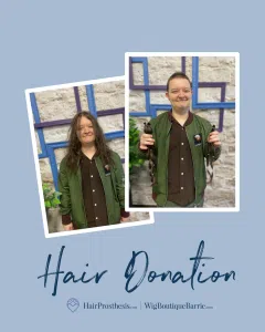 Before and after images of a man having his hair cut, with him holding his ponytails in the second image.
