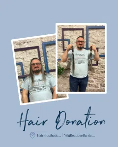 Before and after images of a man having his hair cut, with him holding his ponytails in the second image.