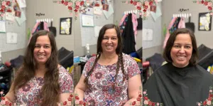 Before, during, and after images of a woman having her hair cut in a salon. The during image has her hair tied into braids.