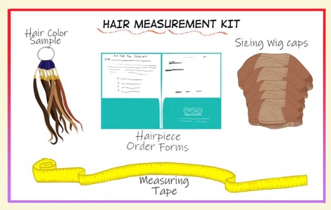 A promotional graphic for the hair measurement kit in Wigs for Kids. Includes Hair Color Samples, Sizing Wig Caps, Hairpiece Order Forms, and Measuring Tape.