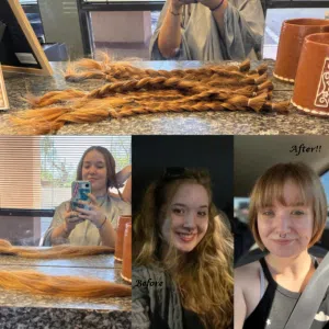 An image of several cut and braided ponytails on a countertop, with a woman behind it photographing them. There are two additional images, being of the woman taking a selfie before and after her dark blond hair was cut.