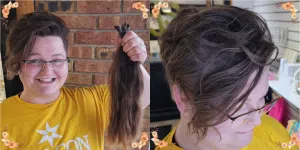 Images of a woman after having her hair cut in a salon. She is holding the ponytails in the first image, and the second image is a close-up of her haircut.