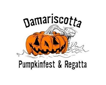 Logo for the Damariscotta Pumpkinfest & Regetta. Image shows a drawing of a pumpkin floating on water.