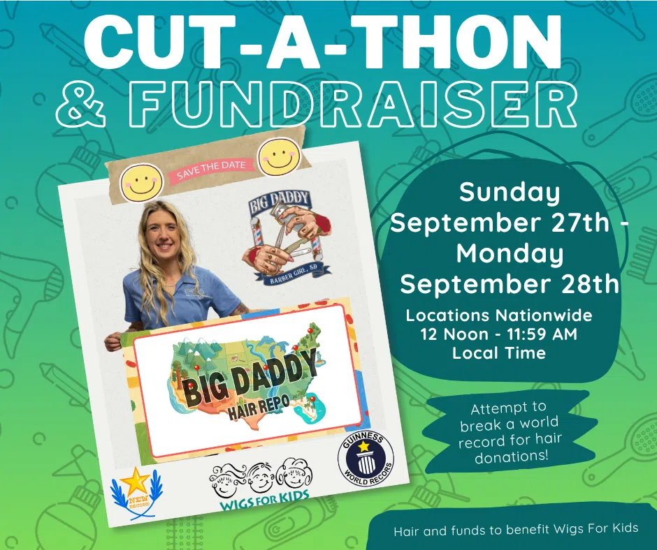 Save-the-date graphic for the Big Daddy Hair Repo Cut-A-Thon & Fundraiser, September 27-28, nationwide, benefiting Wigs For Kids and attempting a world record for hair donations.