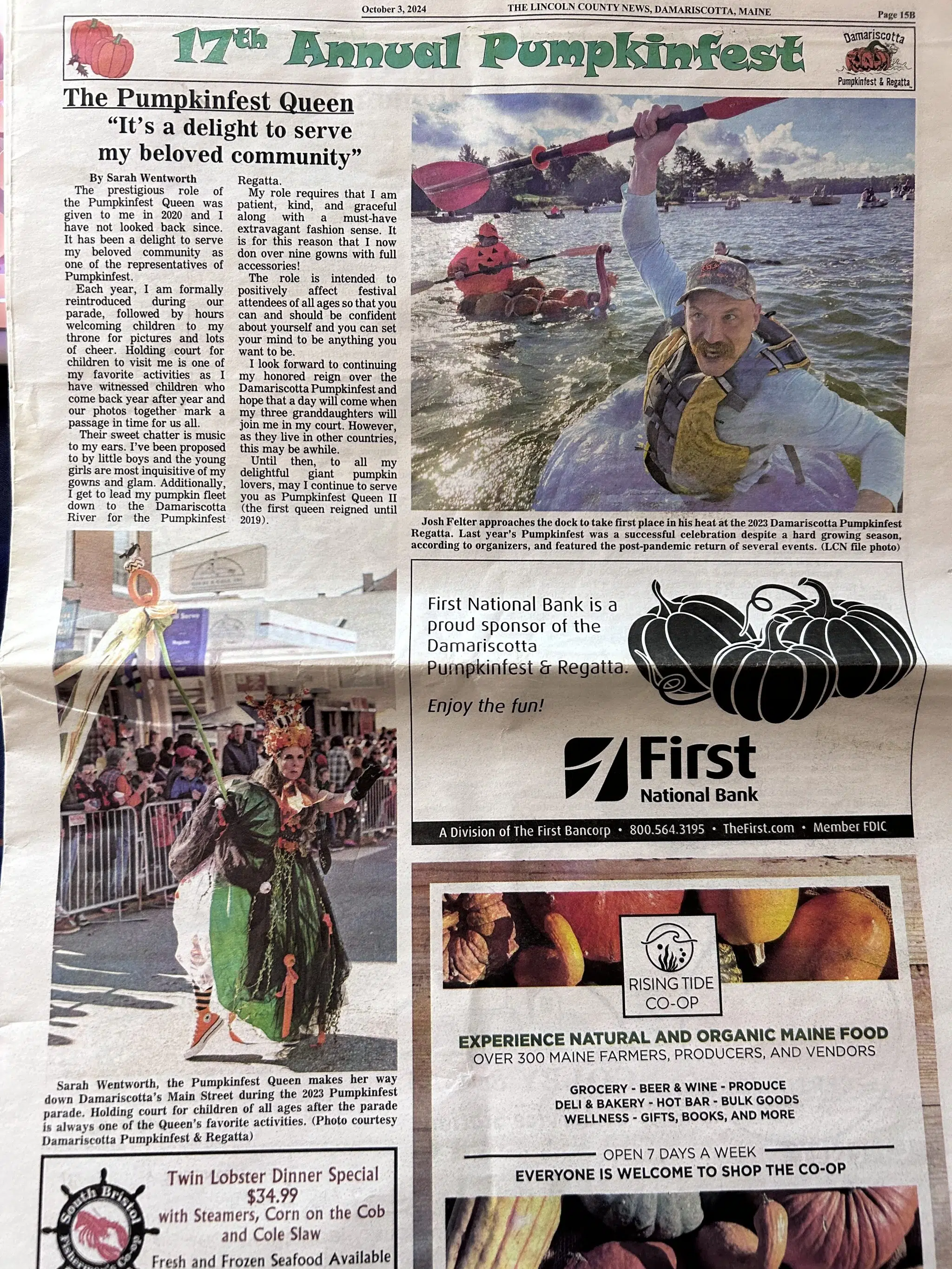 Photograph of a newspaper page featuring coverage of an annual pumpkin festival. The page includes a large headline at the top, multiple articles, several photographs from festival activities, and advertisements. Visible images show giant pumpkins in the water, a costumed parade participant, and festival scenes. The newspaper clipping appears folded and photographed against a neutral background.