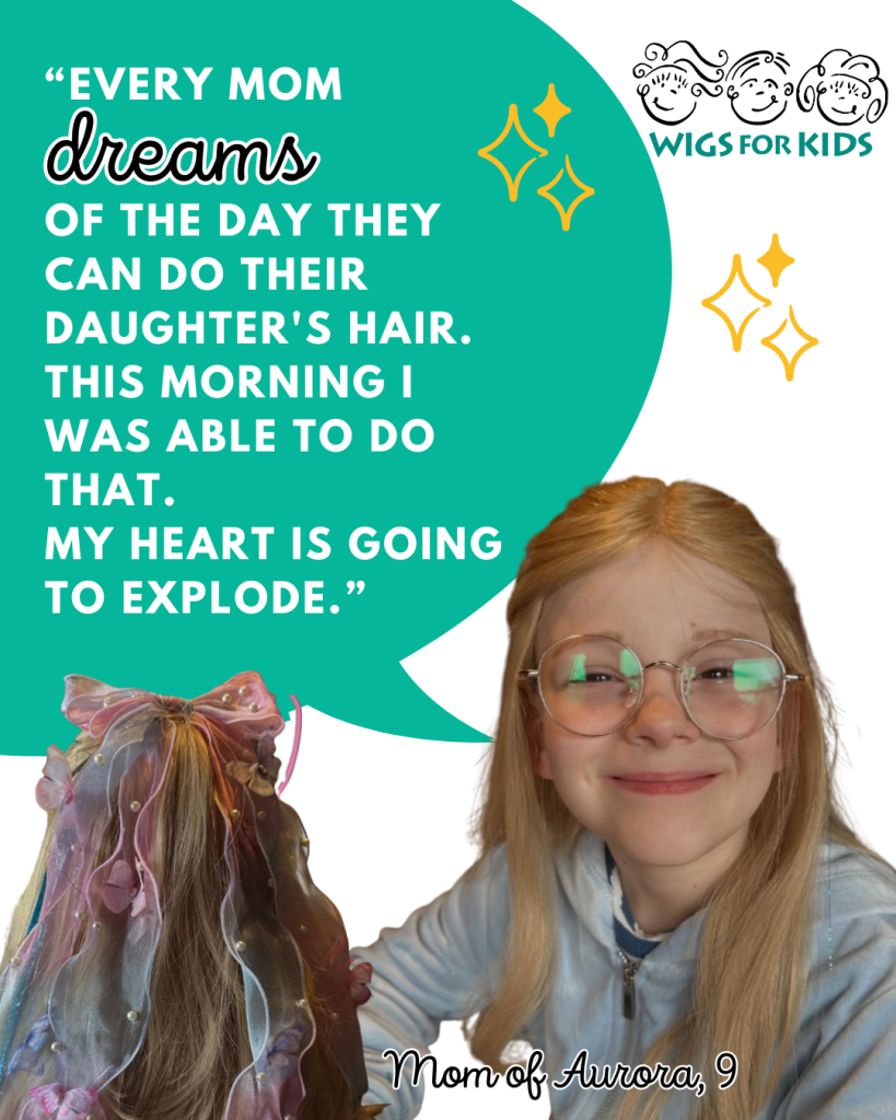 Wigs For Kids testimonial graphic featuring a child with long, light-colored hair and round eyeglasses seated beside a styled hair replacement system adorned with a large, colorful bow and decorative ribbons. A large teal speech bubble contains the quote: “Every mom dreams of the day they can do their daughter’s hair. This morning I was able to do that. My heart is going to explode.” The Wigs For Kids logo appears in the upper right corner, with decorative gold star accents around the design. At the bottom, the quote is attributed to “Mom of Aurora, 9.” The graphic highlights the emotional impact of a Wigs For Kids hair replacement system and a mother's joy in being able to style her child's hair.