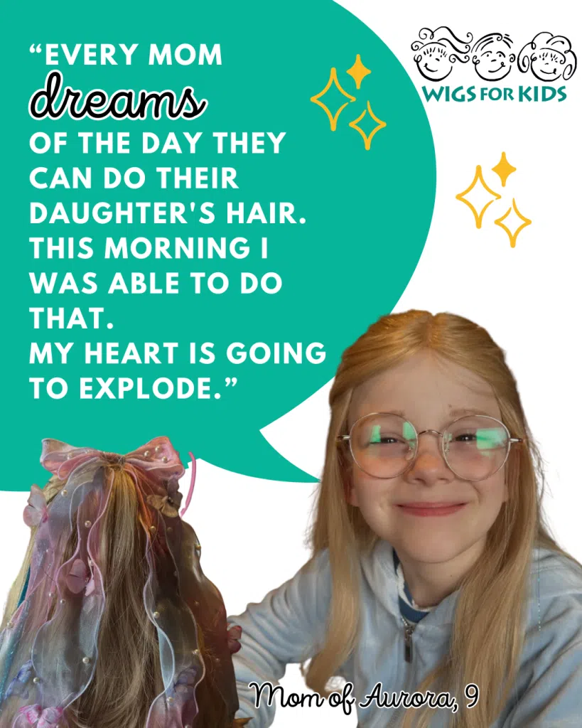 Wigs For Kids testimonial graphic featuring a child with long, light-colored hair and round eyeglasses seated beside a styled hair replacement system adorned with a large, colorful bow and decorative ribbons. A large teal speech bubble contains the quote: “Every mom dreams of the day they can do their daughter’s hair. This morning I was able to do that. My heart is going to explode.” The Wigs For Kids logo appears in the upper right corner, with decorative gold star accents around the design. At the bottom, the quote is attributed to “Mom of Aurora, 9.” The graphic highlights the emotional impact of a Wigs For Kids hair replacement system and a mother's joy in being able to style her child's hair.