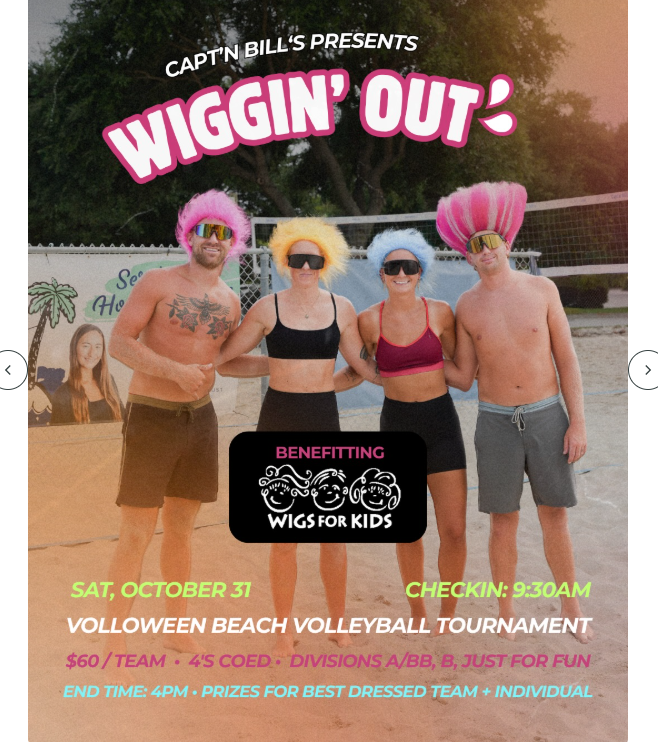 Colorful Volleyball Fundraiser flyer for Wigs For Kids promoting the “Wiggin’ Out” Volloween Beach Volleyball Tournament at Capt’n Bill’s Backyard Grill in Wilmington, North Carolina, on Saturday, October 31 at 9:30 AM. The flyer features a photo of four adults on a sand volleyball court wearing playful pink costume wigs and announces prizes for best dressed. Proceeds benefit Wigs For Kids.